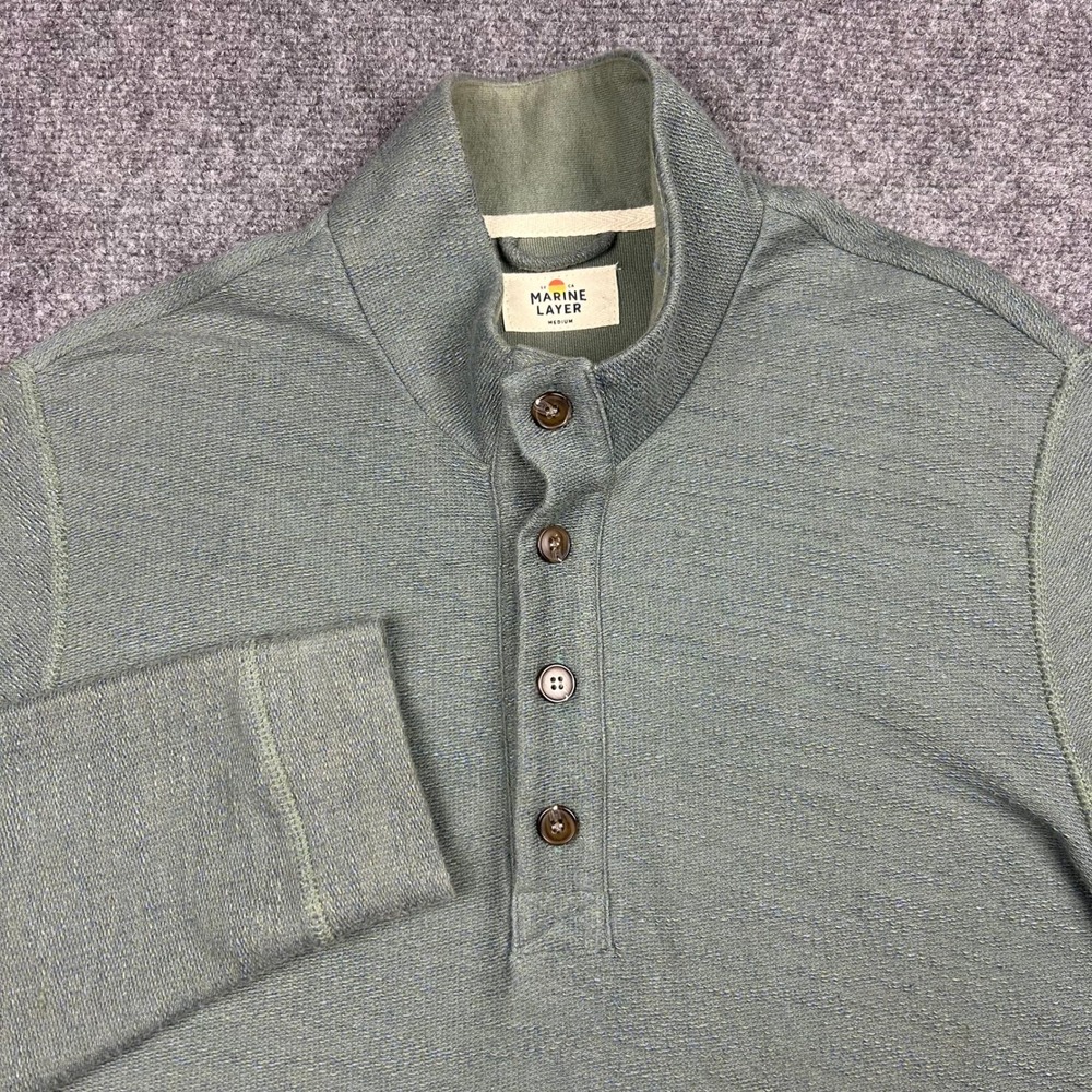 Marine Layer Henley Pullover Mens M Green Textured Knit Mock Neck Casual USA
